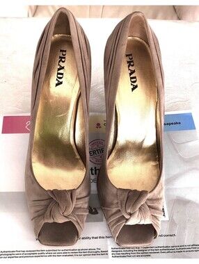 Vintage PRADA Beige Suede Open Toe Decorative Heels Shoes IT 39 with COA